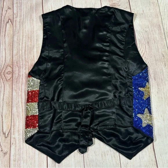 Vintage Y2K Patriotic Glitter Star Flag Sequin Waistcoat Button Vest - Picture 7 of 10